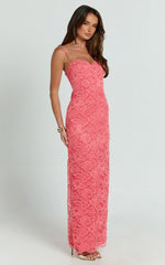 Carli Maxi Dress - Adjustable Strap Corset Bodycon Lace Dress In Watermelon
