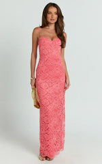 Carli Maxi Dress - Adjustable Strap Corset Bodycon Lace Dress In Watermelon