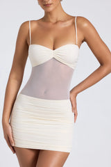 Sheer Panelled Ruched Mini Dress In Ivory