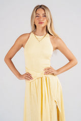 Davina Knit Yellow High-Neck Halter Dress