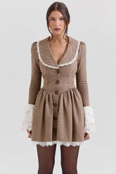 Sable-Brown Puppytooth Check Mini Dress - Sale