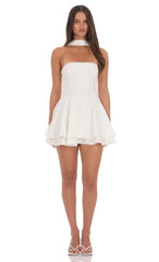 Satin Scarf Strapless Dress In White