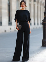 Draped Boat Neck Top And Wide Leg Pants Set