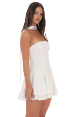 Satin Scarf Strapless Dress In White