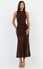 Jaimae Midi Dress - High Neck Side Knot Detail Mesh Dress In Chocolate