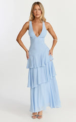 Beryl Midi Dress - Deep V Neck Sleeveless Layered Dress In Blue